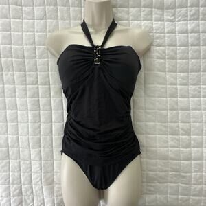 LRL Ralph Lauren Swimsuit Womens 12 Black One Piece Halter Beaded Ruched Beach